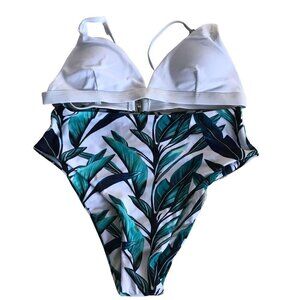 White Bikini top & Palm Leaf High Waist Bottom Small